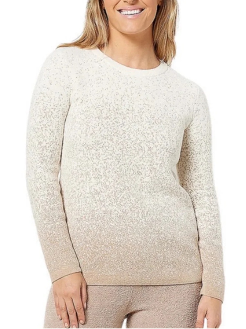 Barefoot Dreams Cozy Chic Ultra Lite Confetti Pullover Sweater Cream Tan Ombre S